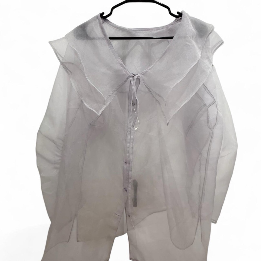 Oversized Sheer Gray Blouse with Ruffled Collar